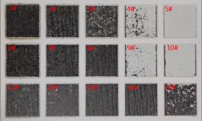 Figure 2. Comparison of paint layer on carbon steel surface cleaned by pulsed laser under different laser parameters